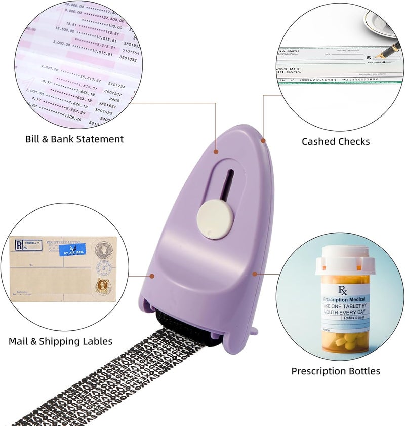 WEJOIN Identity Theft Protection Roller Security Stamp 2Packs - Guard Your ID with Refillable Ink, Built-in Cutter & Flip Cover Design, Compact Privacy Safety Tool for Document, Mail, etc. (Purple) - Image 2